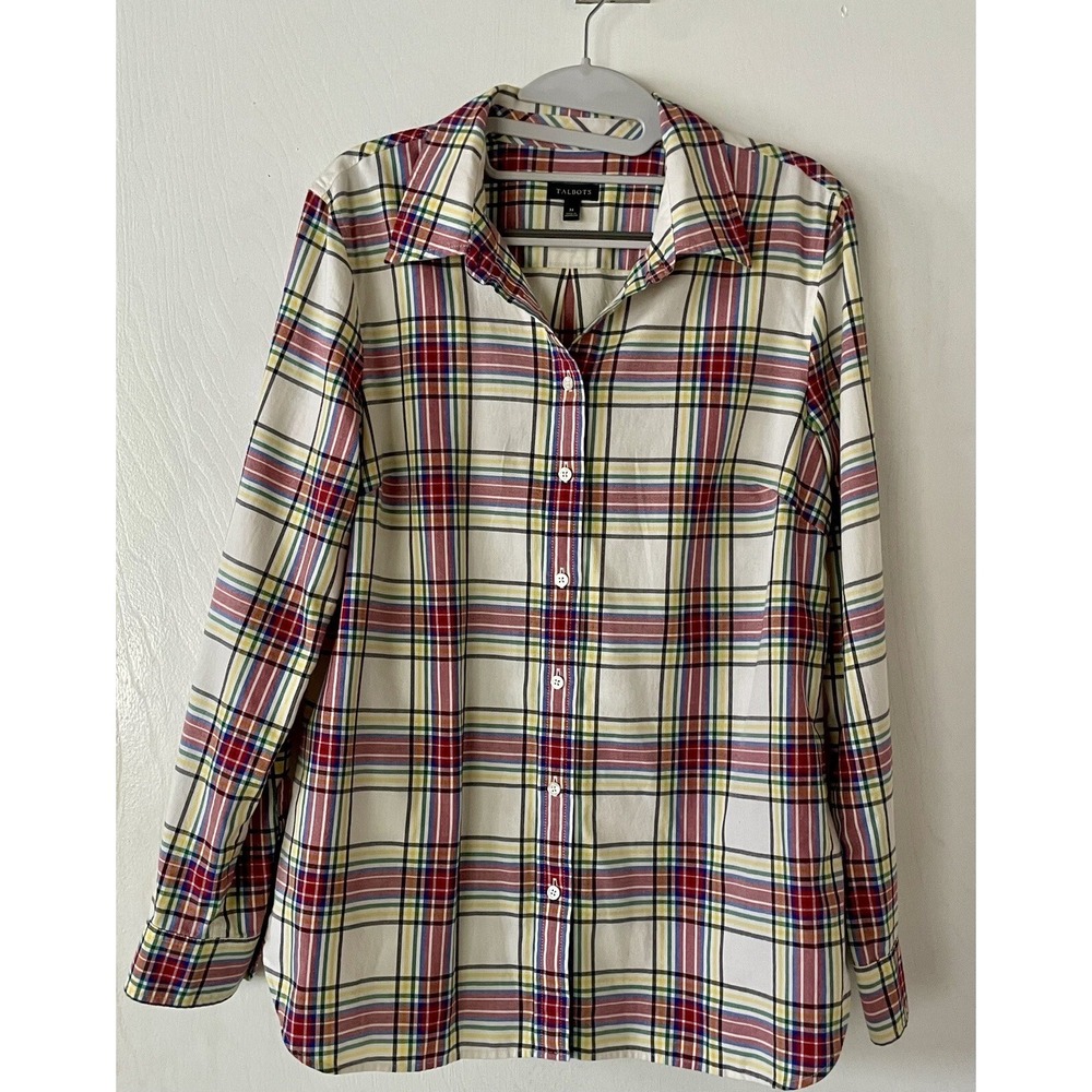 Talbots Women's M Plaid Button Down Shirt Long Sleeve 100% Cotton Multi-Color